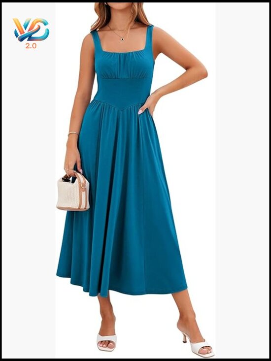 Dresses & Skirts - Womens Sleeveless Square Neck Midi Dress with Pockets A-Line Sundress